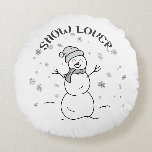 Cute Snowman SNOW LOVER Text Snowflakes Fun White  Rond Kussen (Voorkant)
