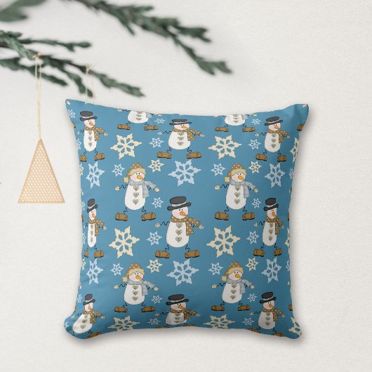 Cute Snowman Snowflake Pattern on Blue Kussen