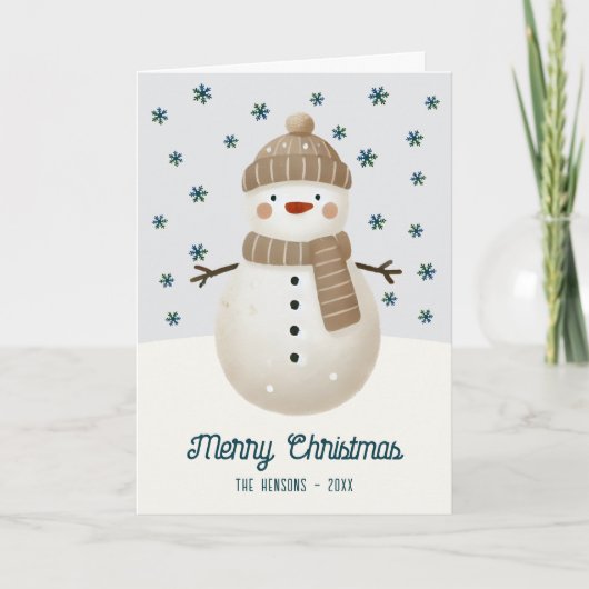 Cute Snowman Snowflakes Drawing Christmas Feestdagen Kaart (Voorkant)