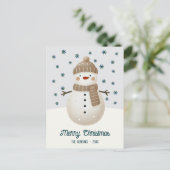 Cute Snowman Snowflakes Drawing Christmas Feestdagenkaart (Staand voorkant)