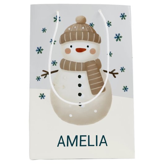 Cute Snowman Snowflakes Drawing Christmas Name Medium Cadeauzakje (Voorkant)
