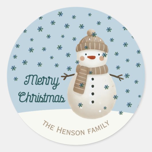 Cute Snowman Snowflakes Drawing Name Christmas Ronde Sticker (Voorkant)