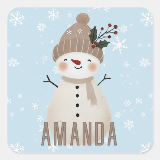 Cute Snowman Snowflakes Kids Christmas Vierkante Sticker (Voorkant)