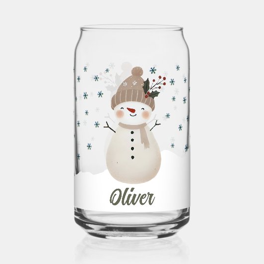 Cute Snowman Snowflakes Kids Name Blikvorm Glas (Voorkant)