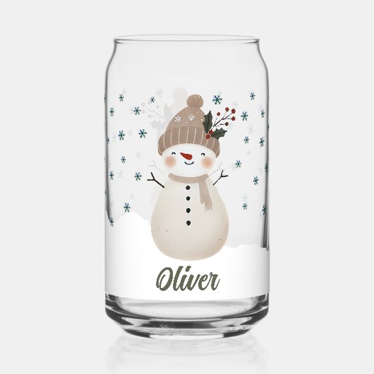 Cute Snowman Snowflakes Kids Name Blikvorm Glas (Achterkant)