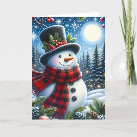 Cute Snowman wearing Plaid Scarf and Top Hat Feestdagen Kaart (Voorkant)