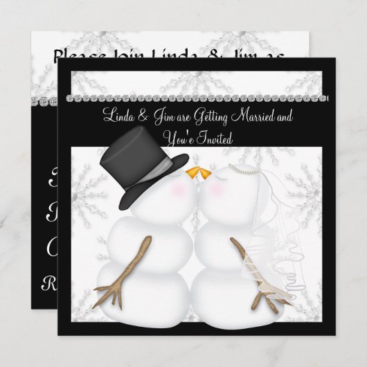 CUTE Snowman Wedding Invitations with Snowflakes Kaart (Voorkant / Achterkant)