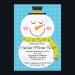 Cute Snowman Winter Party Invitation Kaart<br><div class="desc">Begin je wintervakantiefeest meteen af met onze leuke sneeuwpopening met een sneeuwpop met een groene sjaal met een bovenste laag op een blauwe gestippelde achtergrond.    ©Pink Design</div>