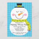 Cute Snowman Winter Party Invitation Kaart<br><div class="desc">Begin je wintervakantiefeest meteen af met onze leuke sneeuwpopening met een sneeuwpop met een groene sjaal met een bovenste laag op een blauwe gestippelde achtergrond.    ©Pink Design</div>