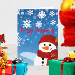 Cute Snowman Winter Wonderland Merry Kerstry Kaart<br><div class="desc">Speciaal kerstkaartontwerp met een schattige illustratie van een sneeuwpop op een blauwe achtergrond met sneeuwvlokken. De tekst kan volledig worden aangepast. Om het te veranderen gebruik de Persoonlijke optie. Voor meer veranderingen,  zoals veranderingen in de doopvont,  de doopvontkleur of de tekstlay-out,  gebruik de Edit optie van het ontwerphulpmiddel.</div>