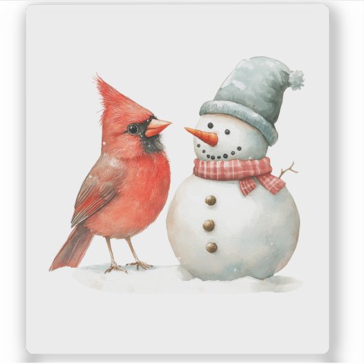 Cute Snowman with Bird Winter Christmas Scene Sticker (Voorkant)