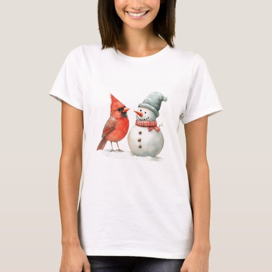 Cute Snowman with Bird Winter Christmas Scene T-shirt (Voorkant)