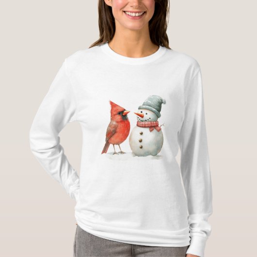 Cute Snowman with Bird Winter Christmas Scene T-shirt (Voorkant)