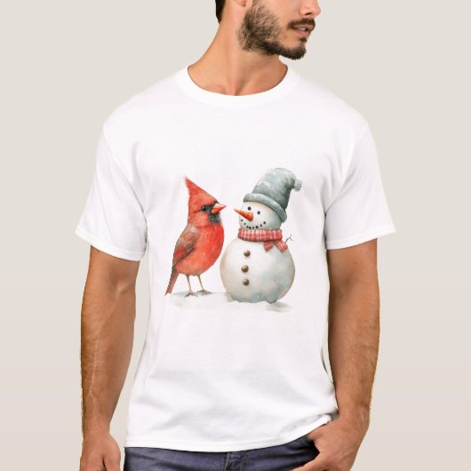 Cute Snowman with Bird Winter Christmas Scene T-shirt (Voorkant)