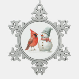Cute Snowman with Bird Winter Christmas Scene Tin Sneeuwvlok Ornament