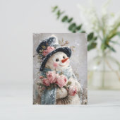 Cute Snowman with Pink Roses Briefkaart (Staand voorkant)