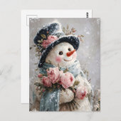 Cute Snowman with Pink Roses Briefkaart (Voorkant / Achterkant)