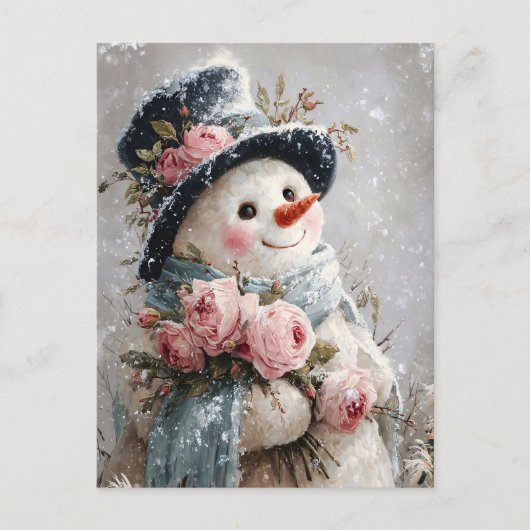 Cute Snowman with Pink Roses Briefkaart (Voorkant)