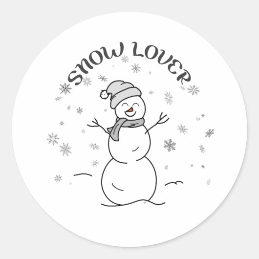 Cute Snowman with SNOW LOVER Text and Snowflakes   Ronde Sticker (Voorkant)