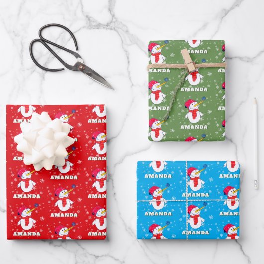 Cute Snowman with Snowflakes Kids Christmas Inpakpapier Vel (Voorkant)