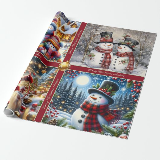 Cute Snowmen Christmas Wrapping Paper with Text Cadeaupapier (Uitgerold)