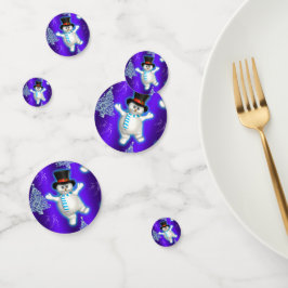 Cute Snowmen dansen op blauw kerstfeest Confetti