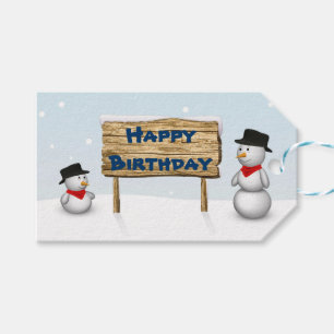Cute Snowmen die Happy Birthday wenst Cadeaulabel