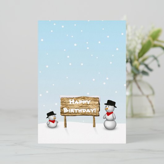 Cute Snowmen die Happy Birthday wenst Folie Feestdagenkaart (Staand Voorkant)