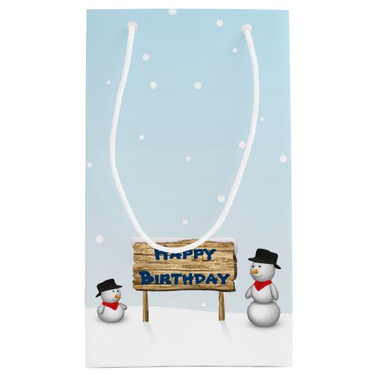 Cute Snowmen die Happy Birthday wenst Klein Cadeauzakje (Achterkant)