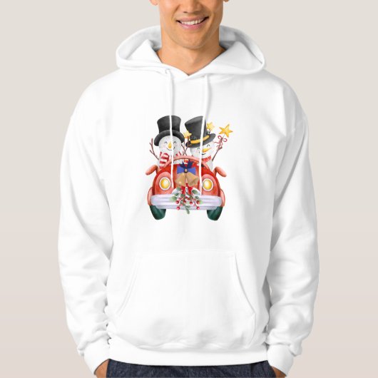 ☃️ Cute Snowmen Driving Red Christmas Car Hoodie (Voorkant)