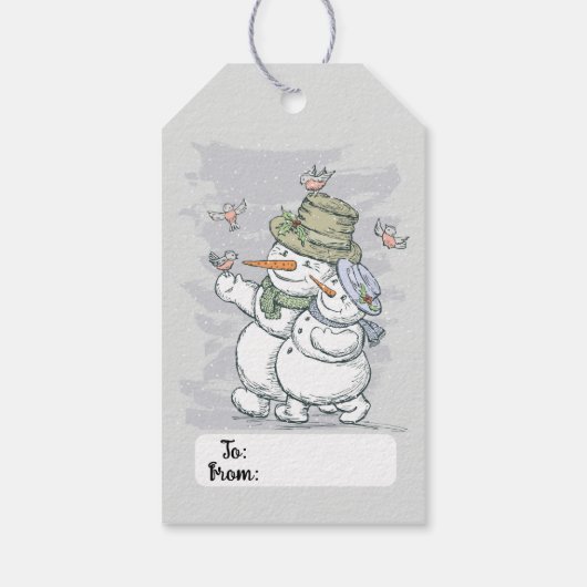 Cute Snowmen en Birds Cadeaulabel (Achterkant)