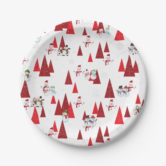 Cute Snowmen en kerstbomen Papieren Bordje (Voorkant)