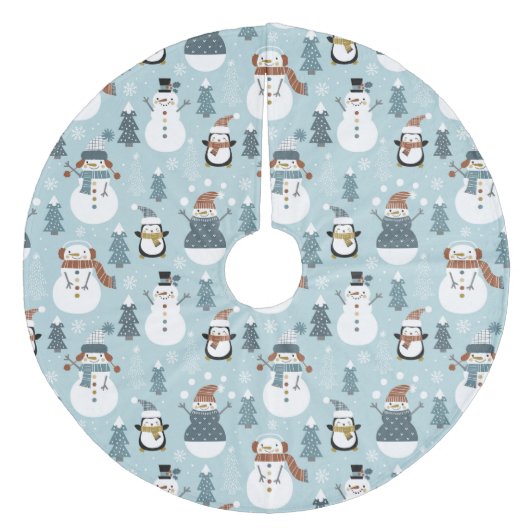 Cute Snowmen en Penguins Fleece Kerstboom Rok (Voorkant)