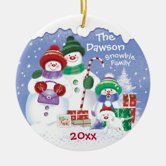 Cute Snowmen, Familie van 3 Snowbies, Kerstmis Keramisch Ornament (Voorkant)
