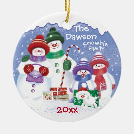 "Cute Snowmen, Familie van 4 Snowbies, Kerstmis Keramisch Ornament (Voorkant)