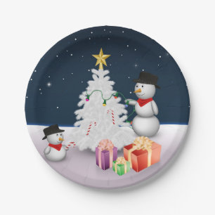 Cute Snowmen met kerstboom Papieren Bordje