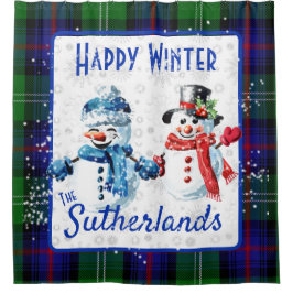 Cute Snowmen Sutherland Clan Tartan Happy Winter Douchegordijn