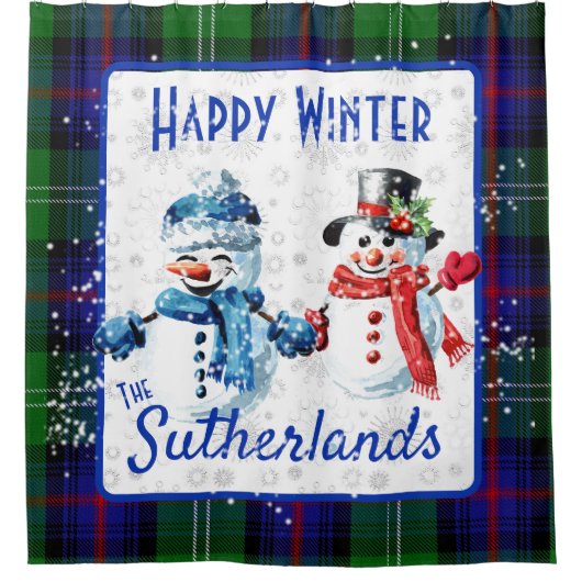 Cute Snowmen Sutherland Clan Tartan Happy Winter Douchegordijn (Voorkant)