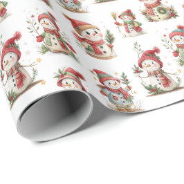 Cute snowmen with wooly hats cadeaupapier