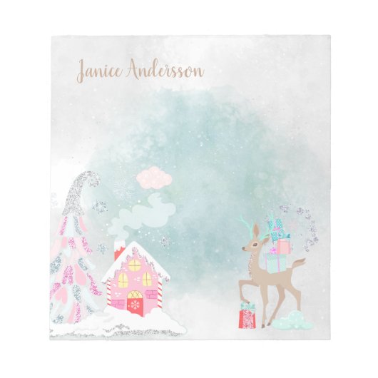 Cute Snowy Blue Roze Kerstman Winter Notitieblok (Voorkant)