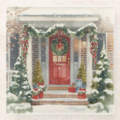 Cute Snowy Christmas Porch  Glazen Onderzetter (Voorkant)