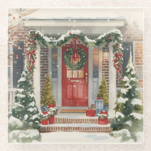 Cute Snowy Christmas Porch  Glazen Onderzetter (Voorkant)