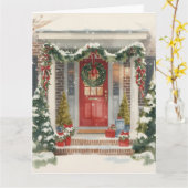 Cute Snowy Christmas Porch  Kaart (Gele Bloem)