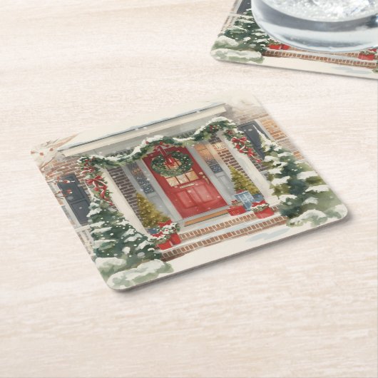 Cute Snowy Christmas Porch  Kartonnen Onderzetters (Schuin)