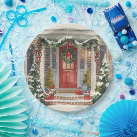 Cute Snowy Christmas Porch  Papieren Bordje (Feest)