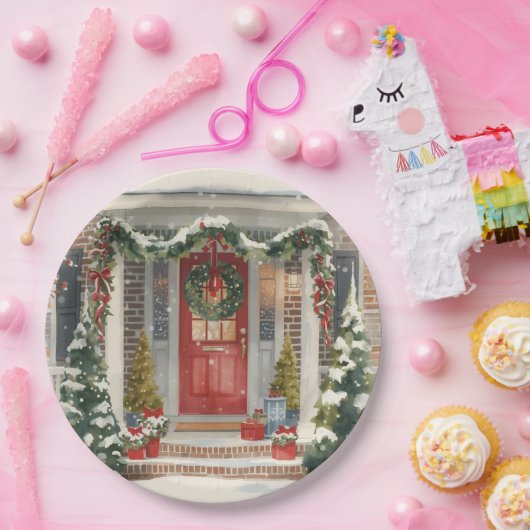 Cute Snowy Christmas Porch  Papieren Bordje (Feest)
