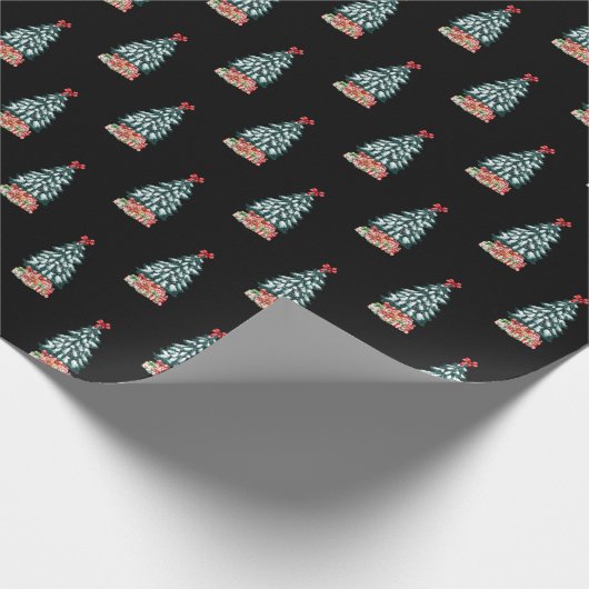 Cute Snowy Christmas Tree Black Cadeaupapier (Hoek)