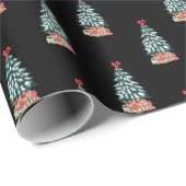 Cute Snowy Christmas Tree Black Cadeaupapier (Rol Hoek)