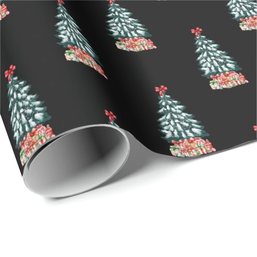 Cute Snowy Christmas Tree Black Cadeaupapier (Rol Hoek)