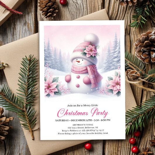 Cute Snowy Forest Pink Snowman Kids Invite Digital Kaart